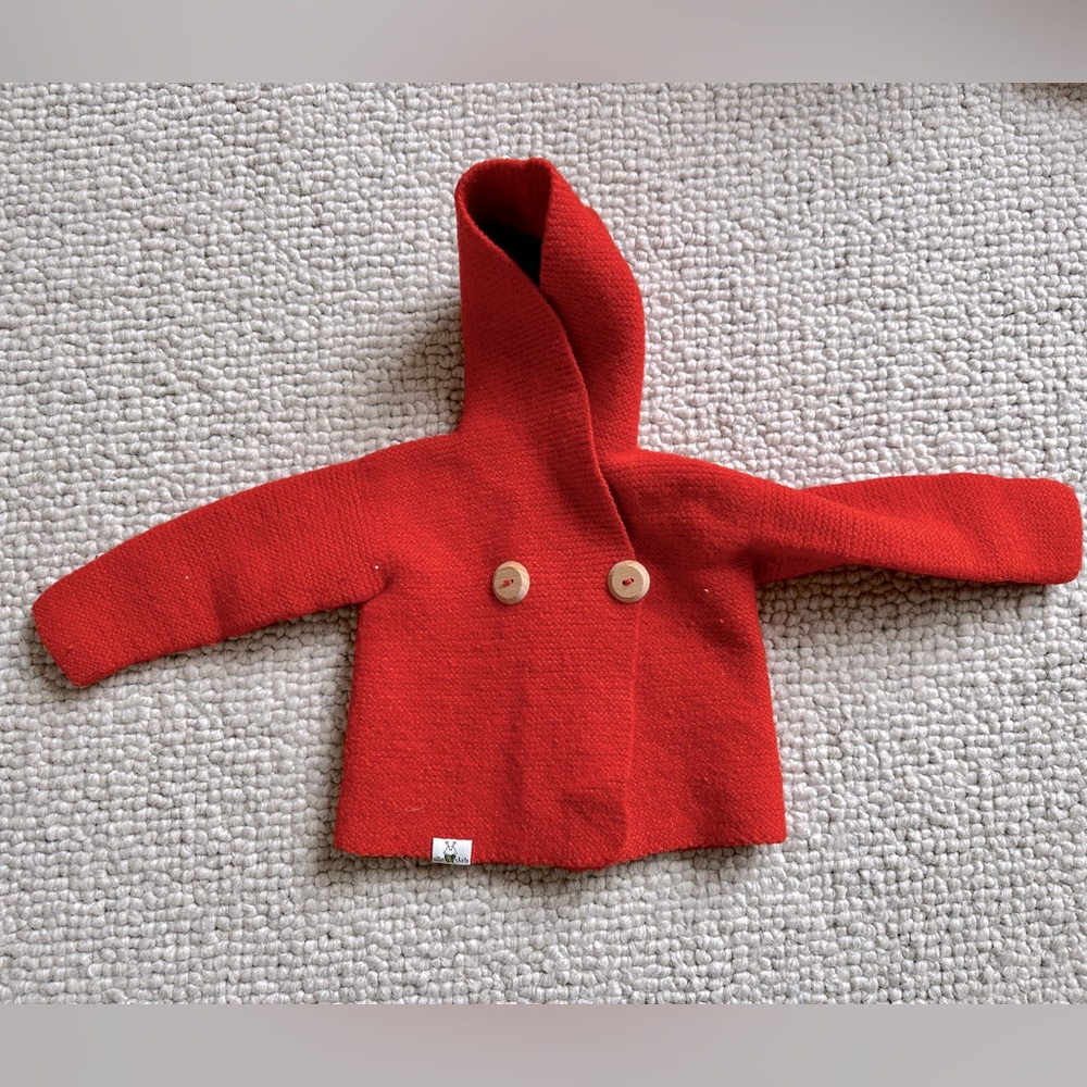 Woolen orangey red sweater. Hand knitted. 18 mos - 2T